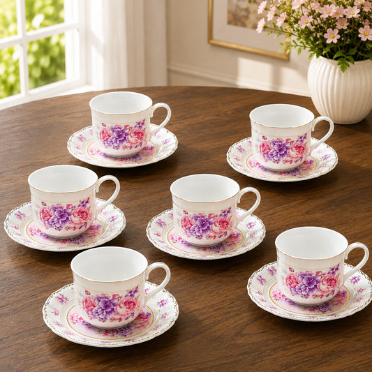 12-Piece Floral Tea Cup & Saucer Set with Gold Detailing