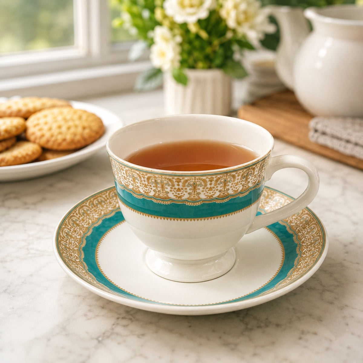 Luxury White, Emerald Green & Gold Tea/Coffee Cup and Saucer Set of 6 | Premium Royal Designer Cup Set – 12 Pcs