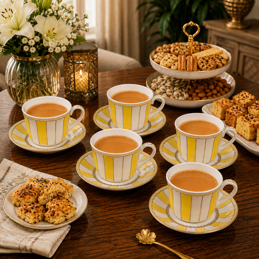 6 Pcs Premium Tea Cup & Saucer Set with Elegant Yellow & Gold Design