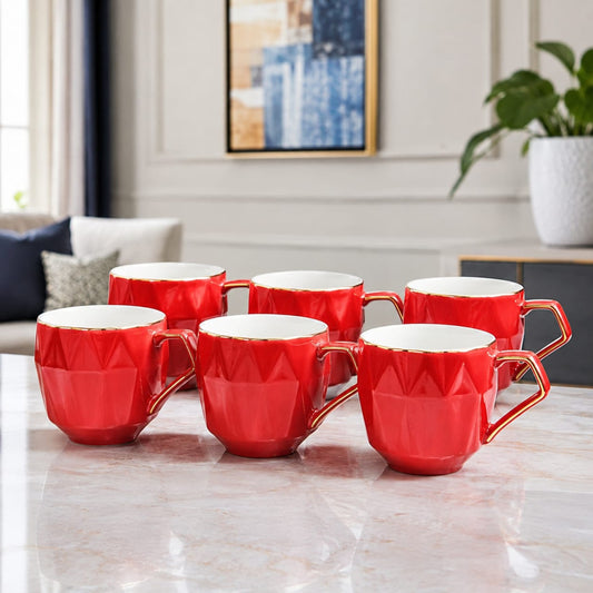 Premium 6 Pc Red Tea & Coffee cup Set with Golden Rim | Imported Designer Cups