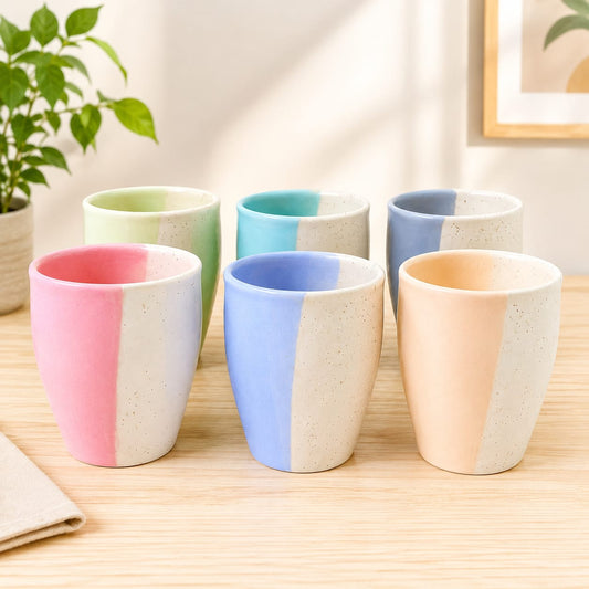 Premium Multicolour Ceramic Tea Kullad Set – 6 Pcs | Pastel Dual-Tone Tea & Coffee Cups