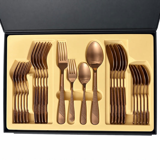CP - Luxury Rose Gold Cutlery Set with Textured Handles & Elegant Black Gift Box – 24 Pcs