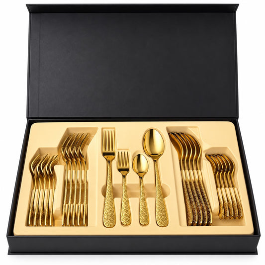 CP - Luxury Gold Cutlery Set with Hammered Design & Elegant Gift Box – 24 Pcs