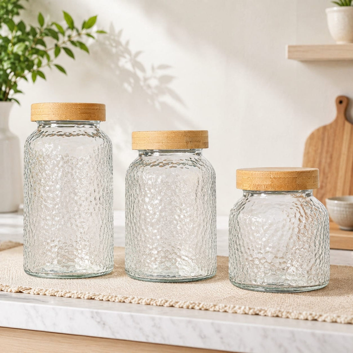 CP - Textured Glass Storage Jar Set with Bamboo Lids – 3 Pcs (640 ML, 900 ML & 1200 ML)