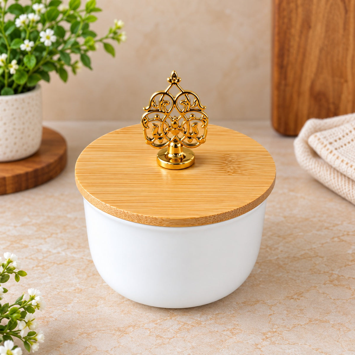 CP - White Dry Fruit Serving Bowl Set with Bamboo Lids, Golden Knobs & Rotating Wooden Stand – 4 Bowls