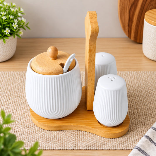 Premium 4-Piece Ceramic Seasoning & Condiment Set with Bamboo Stand – Salt & Pepper Shakers, Sugar Pot with Spoon & Wooden Lid for Dining Table