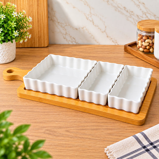 Premium 4-Piece White Ceramic Serving Bowl Set with Bamboo Wooden Tray – Elegant 3-Section Snack, Dry Fruit & Appetizer Serving Platter