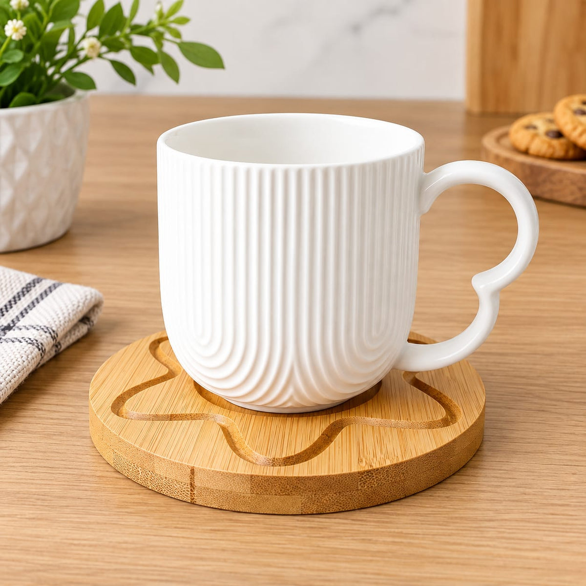 CP - White Tea & Coffee Cup Set with Bamboo Coasters and Wooden Stand – 6 Cups Set