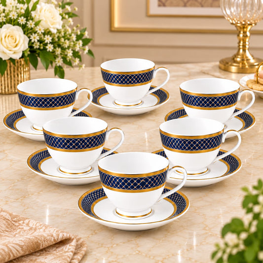 CP - Luxury Blue & Gold Designer Tea & Coffee Cup Saucer Set – 12 Pcs (6 Cups & 6 Saucers)