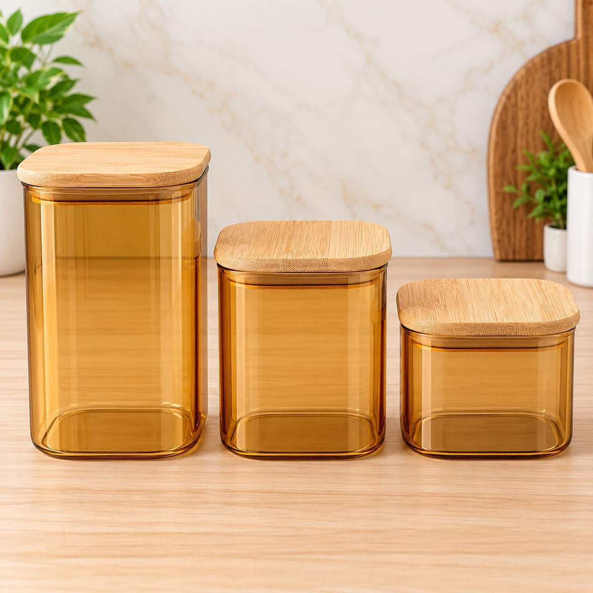CP - Amber Glass Storage Jar Set with Bamboo Lids – 3 Pcs (500 ML, 770 ML & 1180 ML)