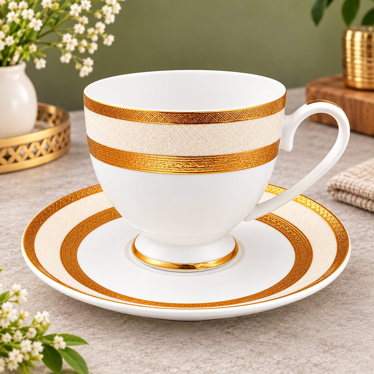 CP - Royal Gold & White Designer Tea & Coffee Cup Saucer Set – 12 Pcs (6 Cups & 6 Saucers)