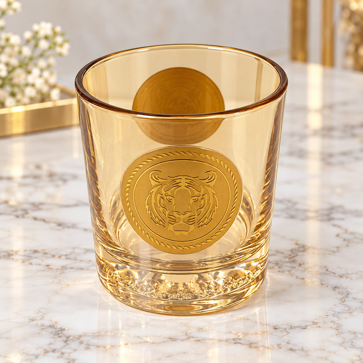 Luxury Amber Tiger Emblem Drinking Glass Set – 6 Pcs | Premium Golden Tumbler Set