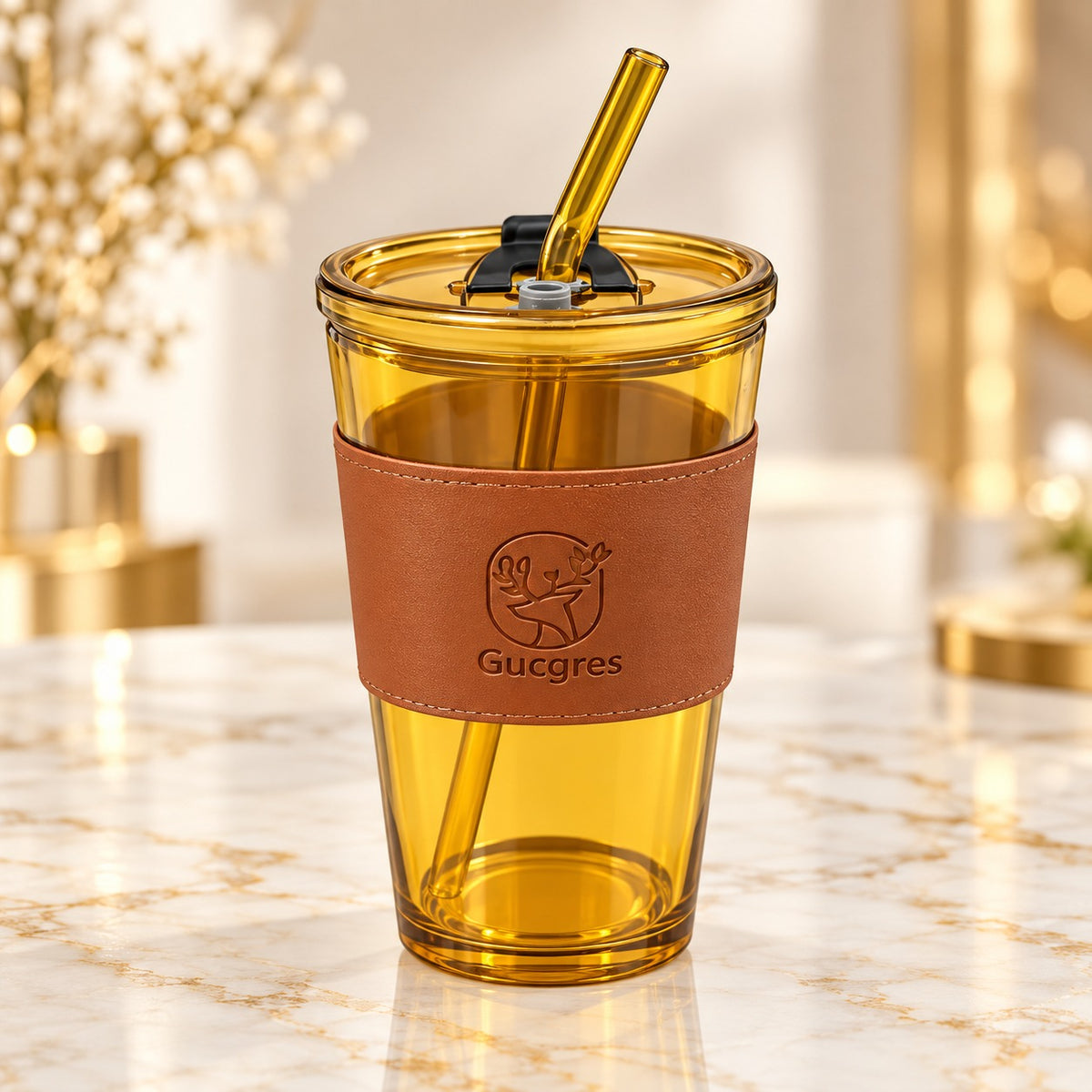 Amber Sipper Tumbler with Lid, Straw & Protective Sleeve – Stylish Reusable Drink Cup