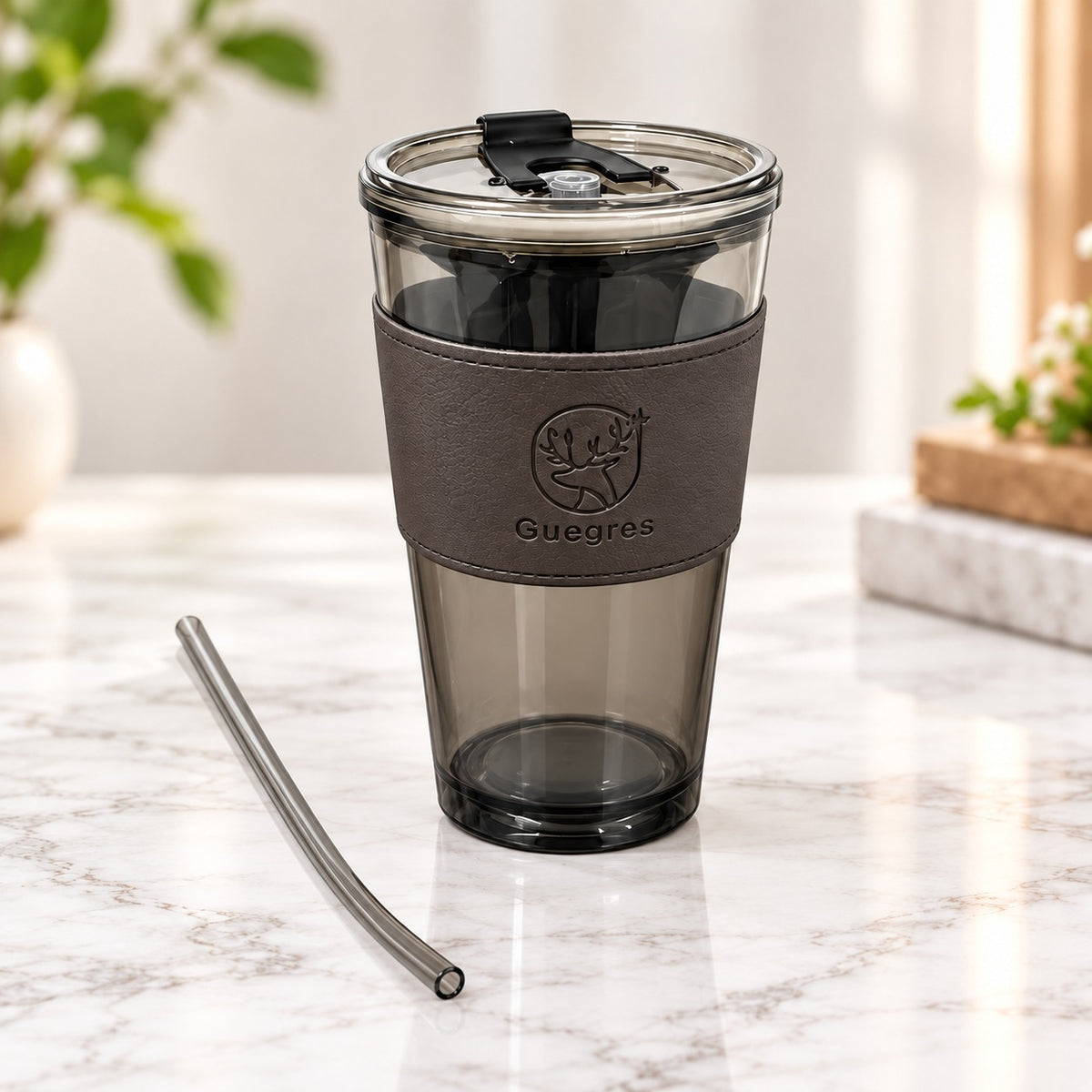 Smoky Black Sipper Tumbler with Lid, Reusable Straw & Protective Sleeve – Stylish Travel Drink Cup