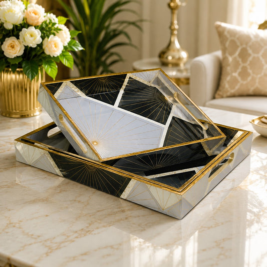 Premium Luxury Black, White & Gold Geometric Serving Tray Set – 3 Pcs | Elegant Rectangular Designer Trays with Handles