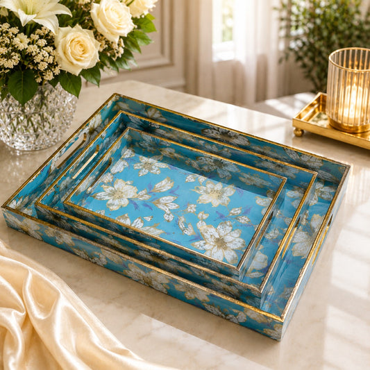 Premium Luxury Turquoise Blue Floral Serving Tray Set – 3 Pcs | Elegant Gold Border Rectangular Trays with Side Handles