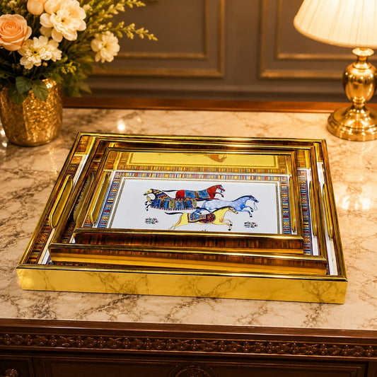 Premium Luxury Golden Rajasthani Horse Print Serving Tray Set – 3 Pcs | Royal Decorative Rectangular Trays with Handles