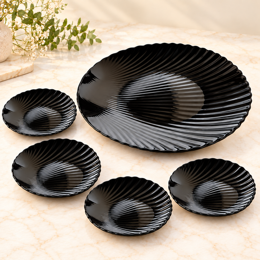 Premium 7 Pc Black Serving Platter Set | 1 Large Bowl + 6 Small Snack Bowls