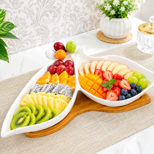 Elegant 2-Section Serving Platter with Wooden Base | Snack & Dry Fruit Server