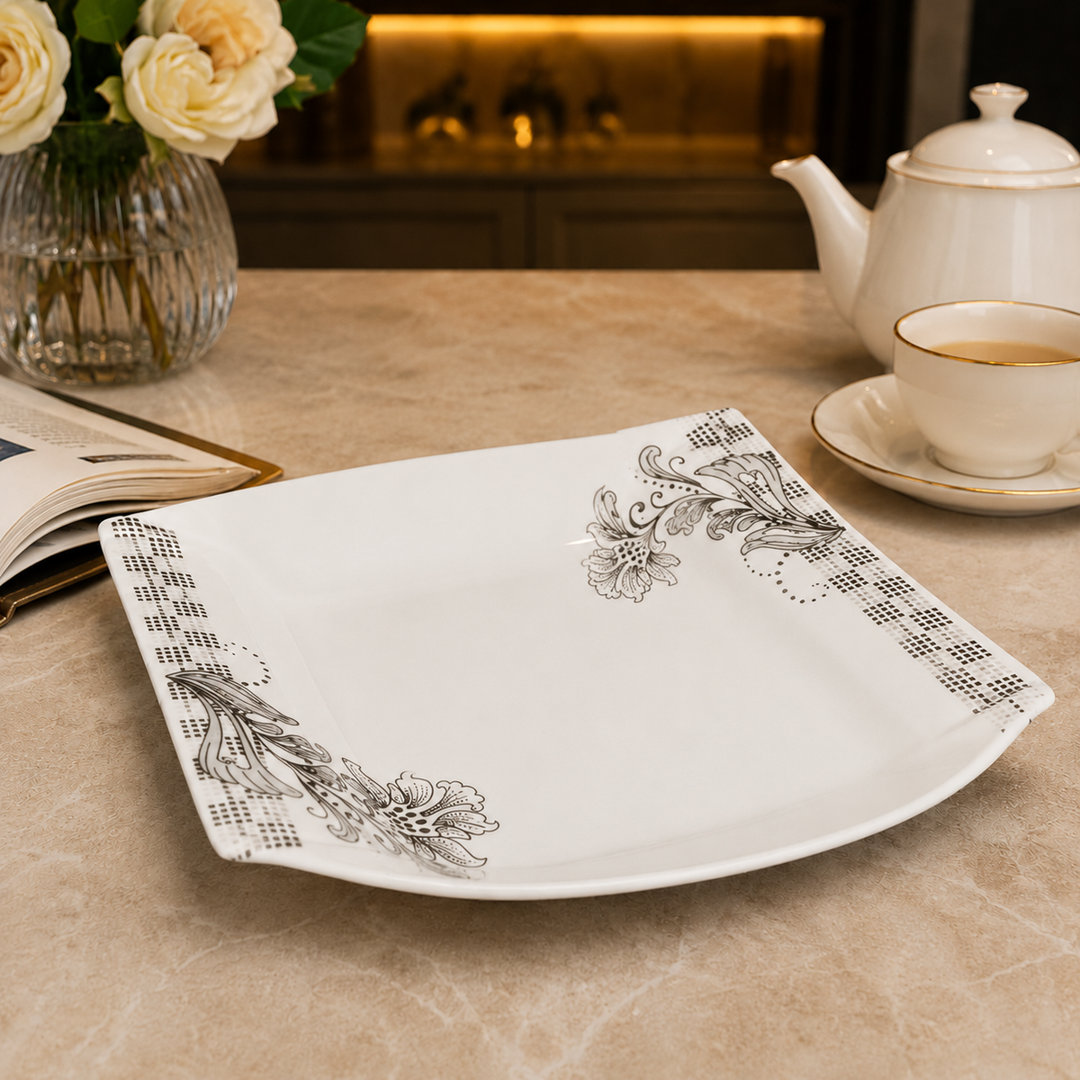 Premium Bone China 2 Pc White Floral Serving platter Set | Elegant Snack & Side Dish Server