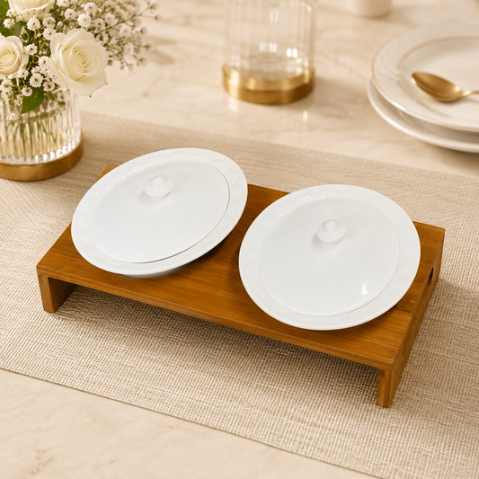 Premium 2 Pc White Serving Bowl Set with Lids & Wooden Stand | Elegant Table Server Set