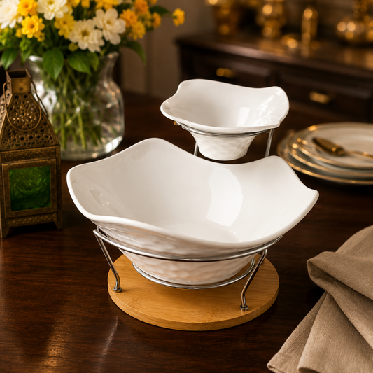 Premium 2 Pc White Serving Bowl Set with Metal Stand | Elegant Table Server Set