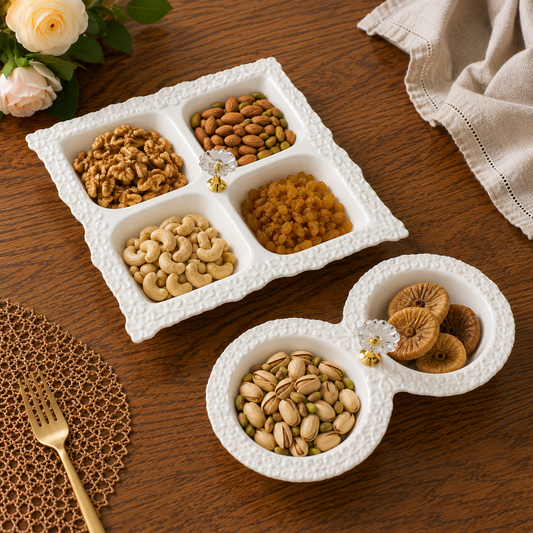 Premium White 2-Piece Divided Snack Serving Platter Set | Elegant Floral Crystal Knob Dry Fruit & Snack Trays