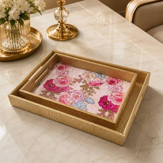 Premium Golden Floral Designer Serving Tray Set – 2 Pieces | Luxury Rectangular Trays with Pink Rose Print & Side Handles