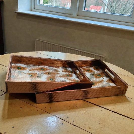 Premium Peacock Feather Designer Serving Tray Set – 2 Pieces | Elegant Brown Rectangular Trays with Side Handles