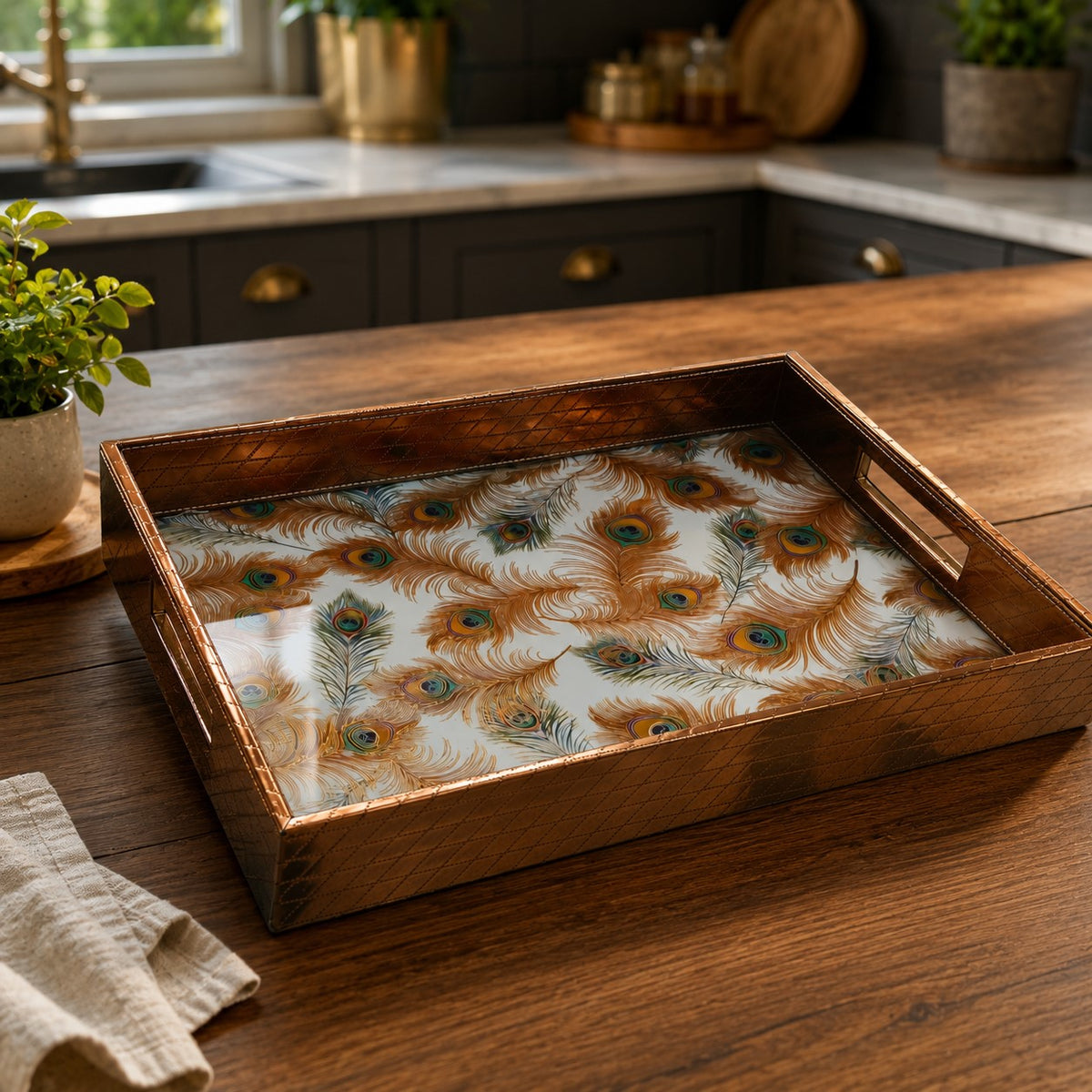 Premium Peacock Feather Designer Serving Tray Set – 2 Pieces | Elegant Brown Rectangular Trays with Side Handles