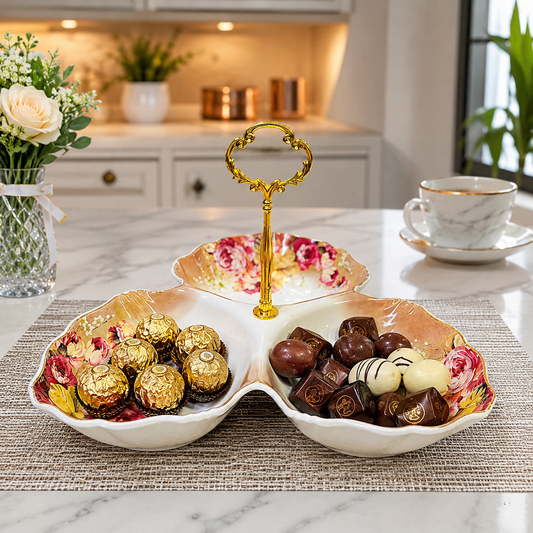 English Tea Serving 3-Partition Floral Serving Platter with Golden Handle | Elegant Server