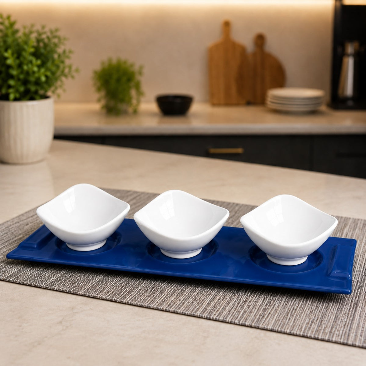 Elegant 3-Bowl Serving Set with Rectangular Blue Tray | Snack & Dry Fruit Server