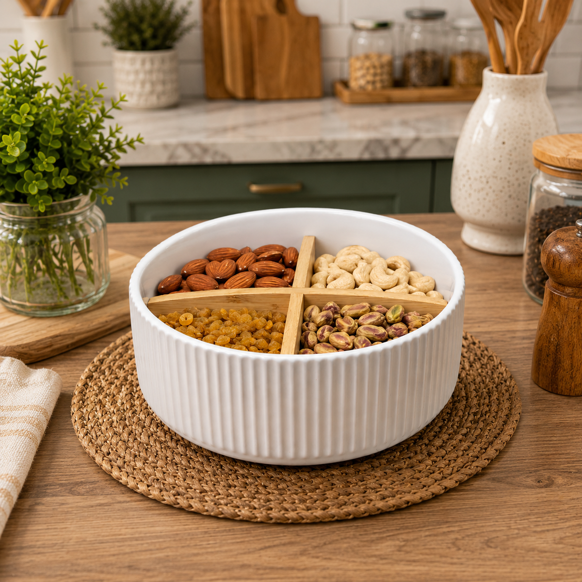 4-Partition Round Serving Box with Bamboo Lid – Multipurpose Snack & Dry Fruit Server