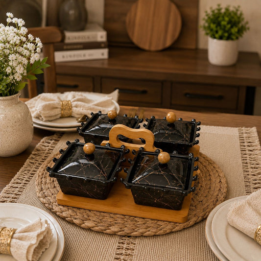 Premium 4 Pc Black & Gold Serving Bowl Set with Lids & Wooden Stand