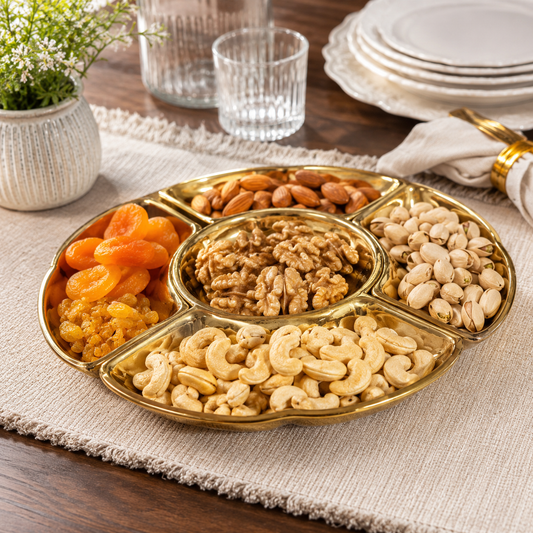 Premium 5-Partition Golden Dry Fruit Serving Tray | Elegant Snack & Mukhwas Platter
