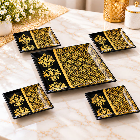 7-Piece Black & Gold Cake Serving Set – 1 Large Platter with 6 Dessert Plates