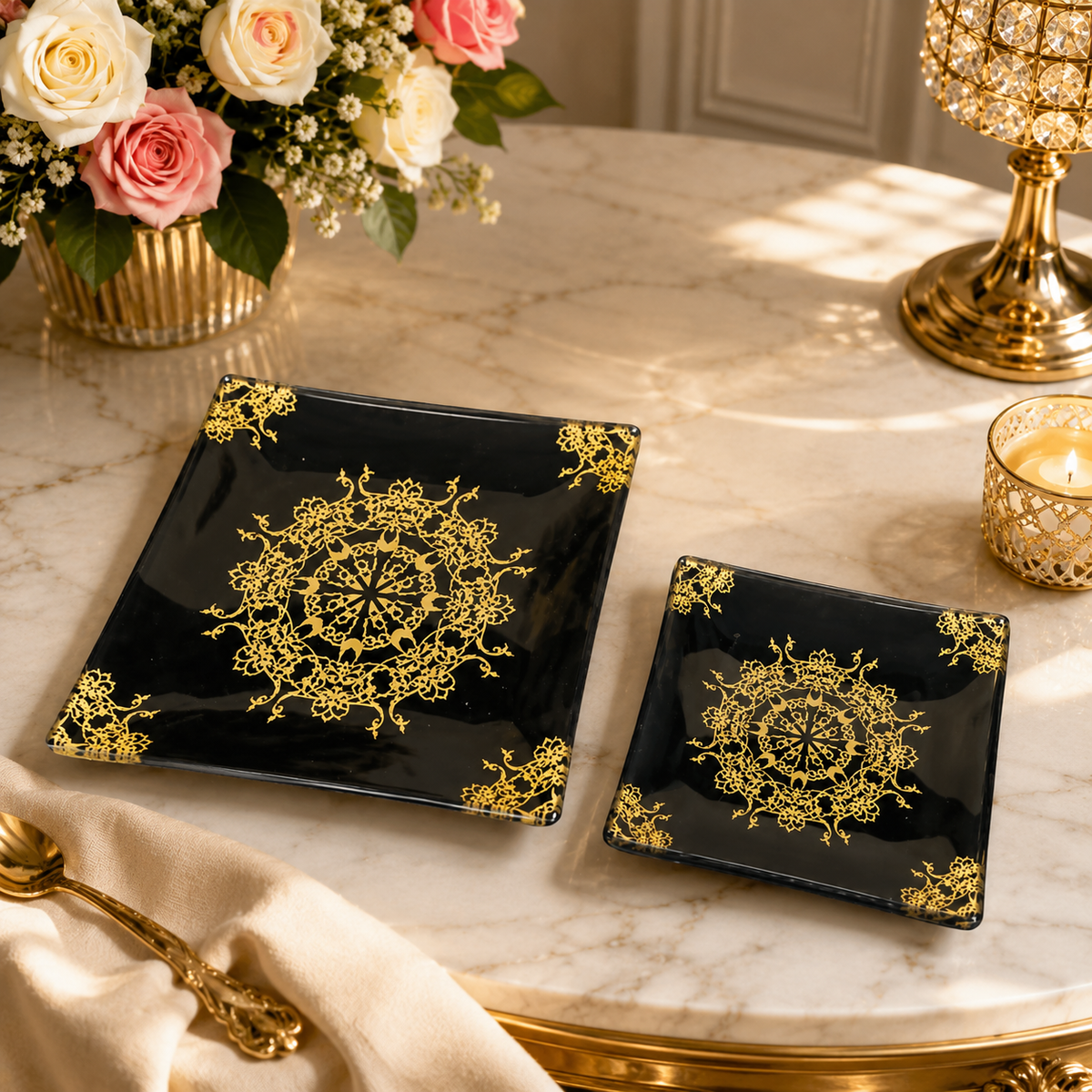 7-Piece Black & Gold Cake Serving Set – 1 Large Platter with 6 Dessert Plates