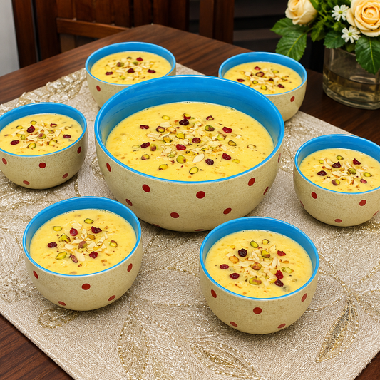 Premium Blue & Beige Polka Dot Pudding Bowl Set – 7 Pcs | 1 Large Serving Bowl + 6 Small Dessert Bowls