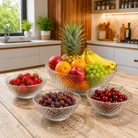 Premium Crystal-Cut Glass Fruit & Dessert Bowl Set – 7 Pcs | 1 Large Serving Bowl + 6 Small Bowls | Elegant Diamond Pattern