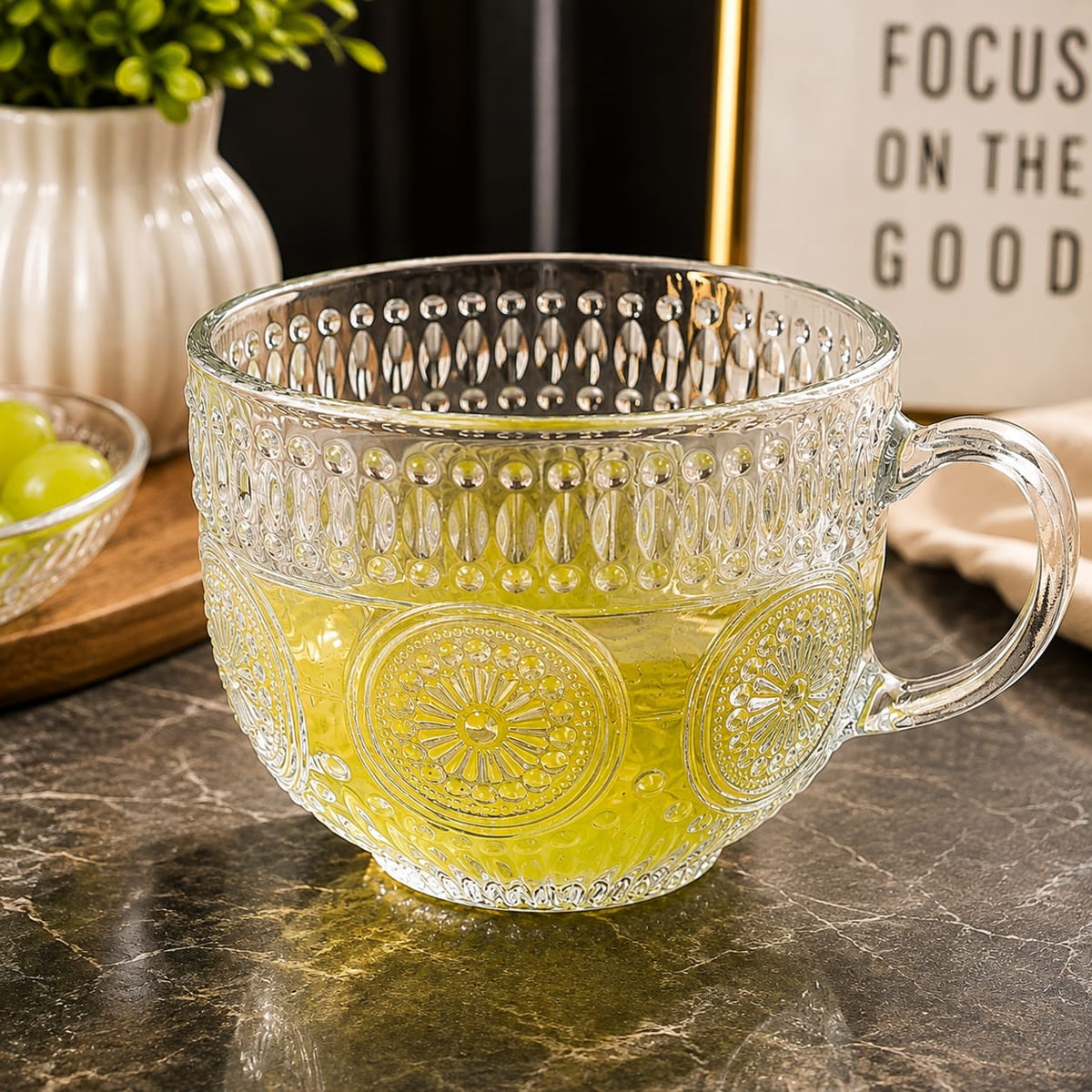 6-Piece Premium Embossed Glass Soup Cup Set with Handles