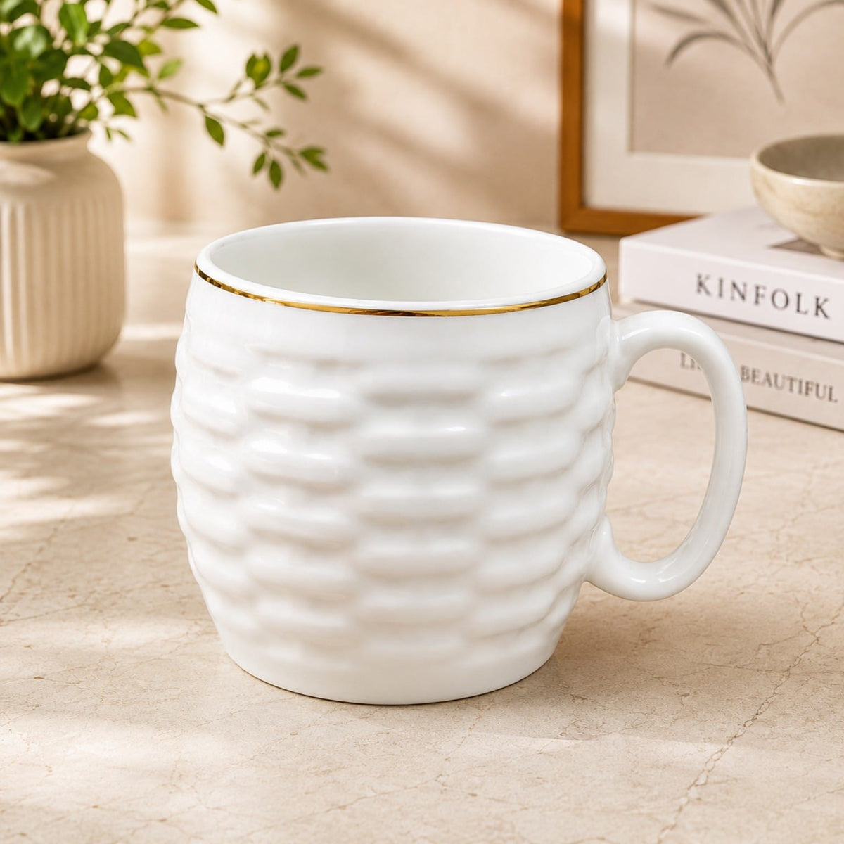 White Textured Tea & Coffee Mug Set with Gold Rim – 6 Pcs