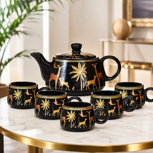 Premium Black & Gold Deer Design Tea Set – 7 Pieces | Luxury Teapot with 6 Matching Tea Cups