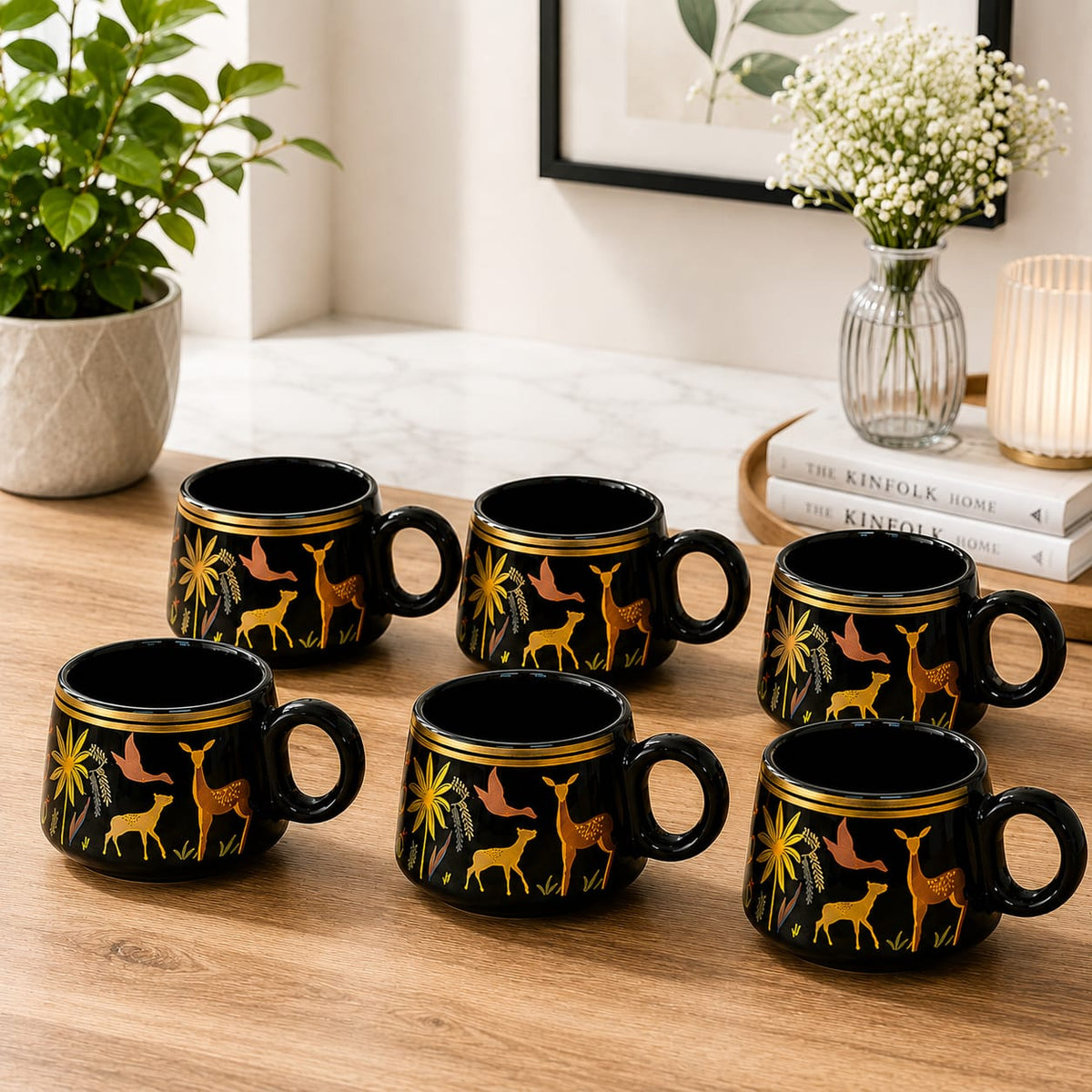 Premium Black & Gold Deer Design Tea Set – 7 Pieces | Luxury Teapot with 6 Matching Tea Cups