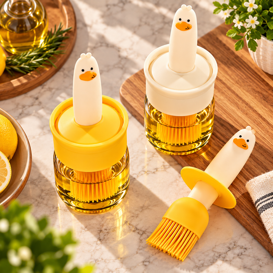 Cute Duck Design Glass Oil Dispenser Bottle with Silicone Basting Brush – Multipurpose Cooking Oil Brush & Container for Kitchen