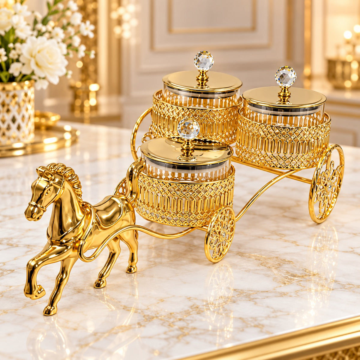 Luxury Golden Horse Cart Dry Fruit & Serving Jar Set – 3 Jars with Crystal Knob Lids