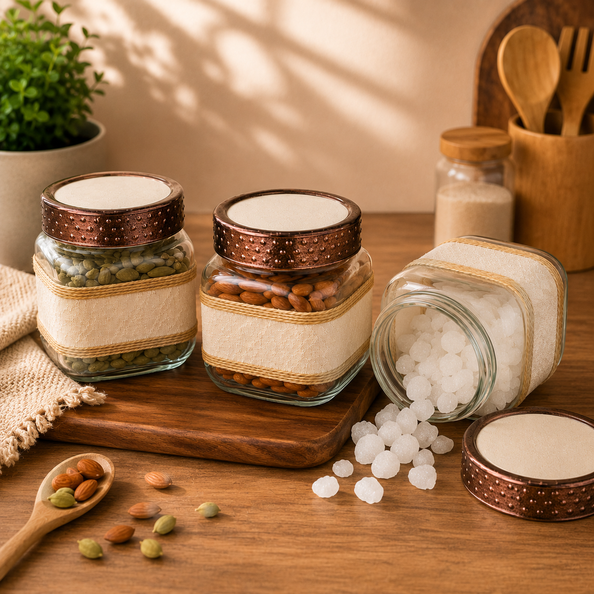 Premium Decorative Glass Jar Set of 3 (780 ML Each) | Multipurpose Kitchen Storage Jars with Designer Metal Lid | Airtight Glass Container Set for Dry Fruits, Spices, Cookies, Tea, Coffee & Home Décor