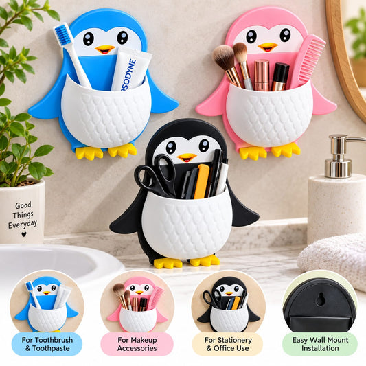 Cute Penguin Wall Mounted Multipurpose Storage Holder – Bathroom Toothbrush Organizer, Makeup Brush Holder & Stationery Storage Basket