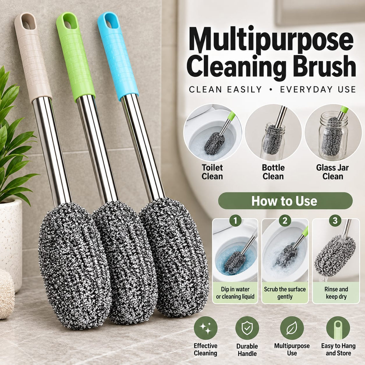 Multipurpose Steel Wool Cleaning Brush with Long Stainless Steel Handle – Heavy-Duty Kitchen Scrubber for Pots, Pans, Kadai & Utensils