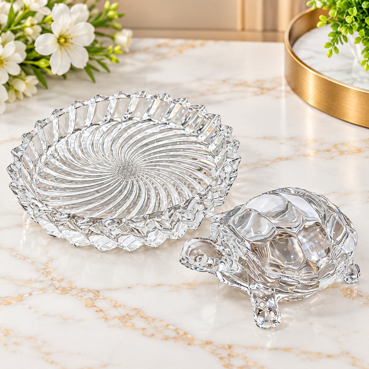 Luxury Turtle-Shaped Serving Bowl with Designer Round Tray – 2 Pc Decorative Serveware Set