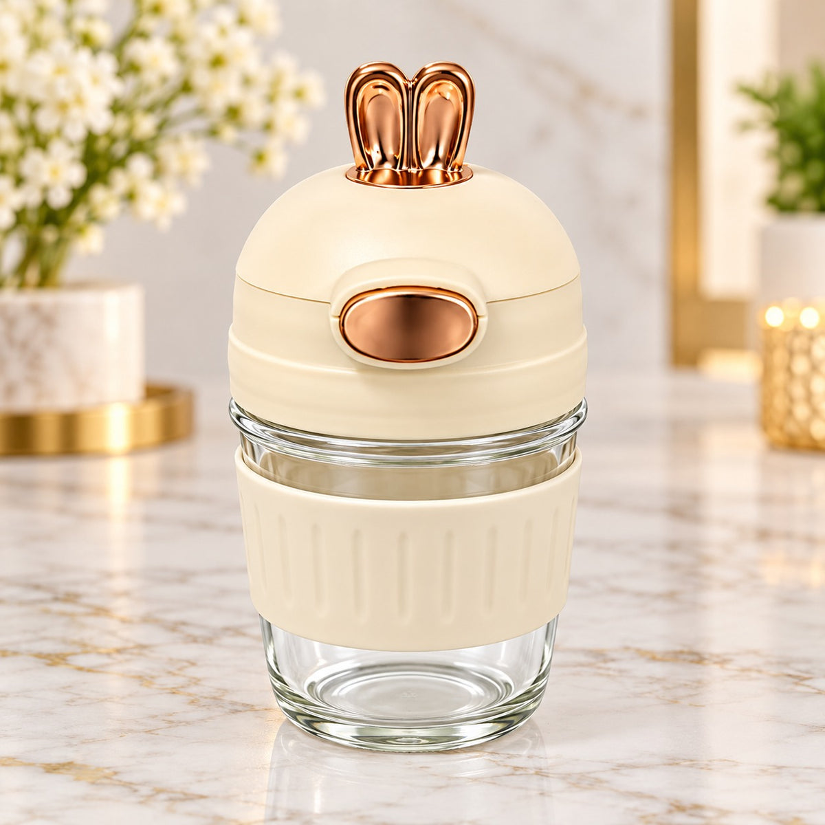 Cute Bunny Ear Sipper Bottle with Straw, Flip Lid & Protective Sleeve – Cream Travel Tumbler